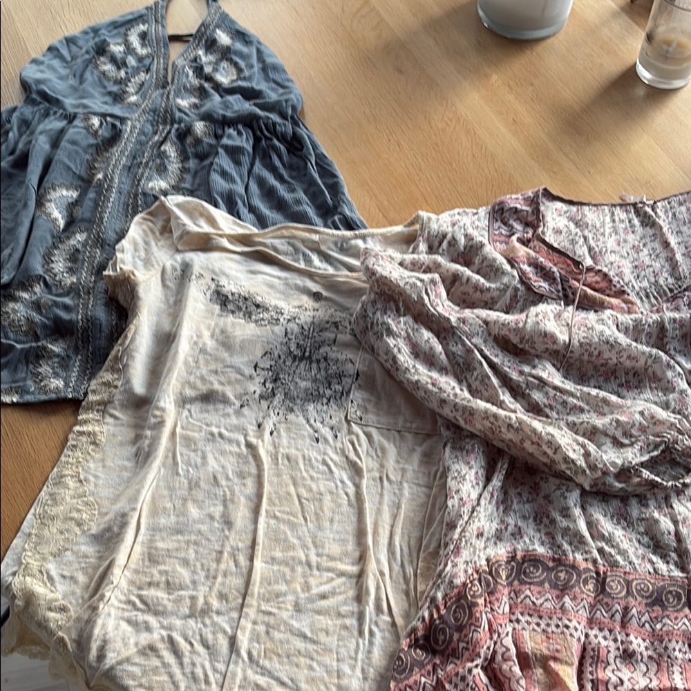 Free People Boho Tops in Blue, Cream, and Pink